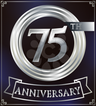 Anniversary silver ring logo number 75. Anniversary card with ribbon. Blue background. Vector illustration.