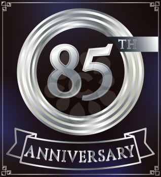 Anniversary silver ring logo number 85. Anniversary card with ribbon. Blue background. Vector illustration.