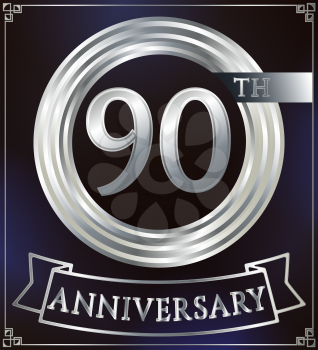 Anniversary silver ring logo number 90. Anniversary card with ribbon. Blue background. Vector illustration.