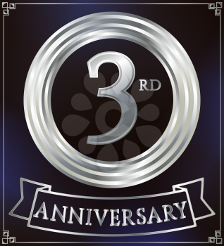 Anniversary silver ring logo number 3. Anniversary card with ribbon. Blue background. Vector illustration.