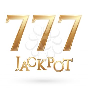 Casino jackpot symbol. Gold text jackpot number 777. Casino games icon. Poker club casino symbol. Internet casino games. White background with shadow. Casino logo isolated. Vector illustration.