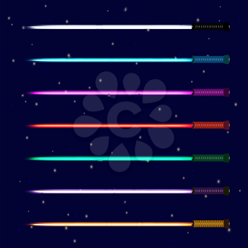 Light sword set. Colored light saber from wars of future isolated on abstract star sky background. Vector illustration.