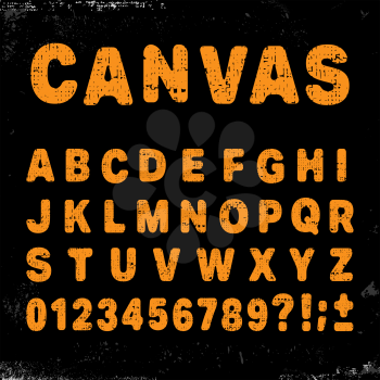 Canvas alphabet vintage template font. Letters and numbers grunge design. Vector illustration.