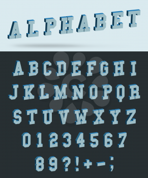 Isometric alphabet font with 3d effect letters and numbers. Vector illustration.