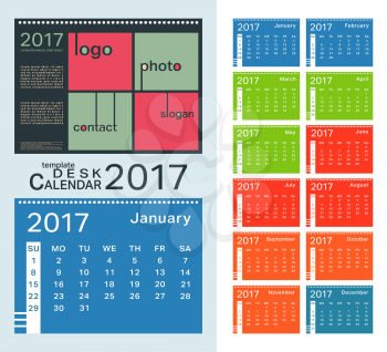 2017 year calendar template. Cover calendar with place for photo, logo, text. Week start sunday. Vector illustration.