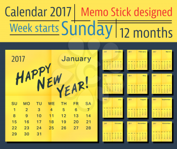 2017 year calendar. Template calendar with place for text, yellow stick design. Week start sunday. Vector illustration.