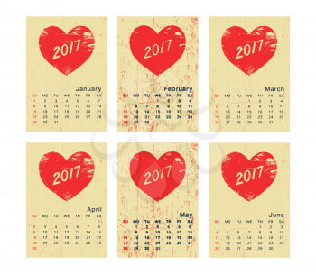 2017 year calendar. Template calendar with grunge red heart. Week start sunday. Part one. Vector illustration.