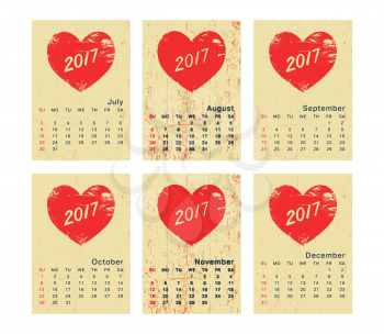 2017 year calendar. Template calendar with grunge red heart. Week start sunday. Part two. Vector illustration.