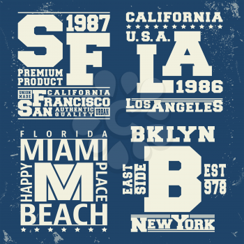T-shirt print design. New York, Los Angeles, San Francisco, Miami vintage stamp. Printing and badge applique label t-shirts, jeans, casual wear. Vector illustration.