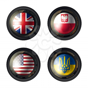 Camera lens with flag. England, Poland, USA and Ukraine flags. Vector illustration