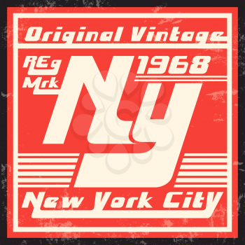 T-shirt print design. New York City vintage stamp. Printing and badge applique label t-shirts, jeans, casual wear. Vector illustration.