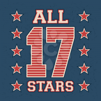 T-shirt print design. All stars vintage stamp. Printing and badge, applique, label for t-shirts, jeans, casual wear. Vector illustration.