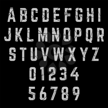 Alphabet broken font template. Letters and numbers. Vector illustration.