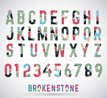 Alphabet broken font set. Colored typeface made of broken stone. Letters and numbers. Vector illustration.