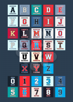 Letters and numbers for t-shirt prints design. Alphabet font with different words. Stamp and printing, badge, applique, label for t-shirts, jeans, casual wear. Vector illustration