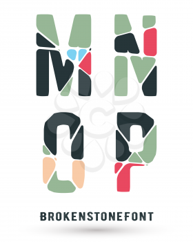 Alphabet broken font template. Set of letters M, N, O, P logo or icon. Vector illustration.