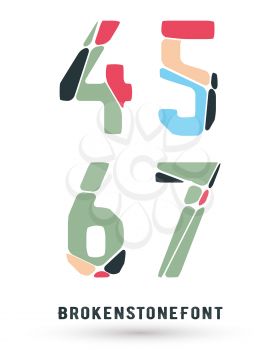 Alphabet broken font template. Set of numbers 4, 5, 6, 7 logo or icon. Vector illustration.