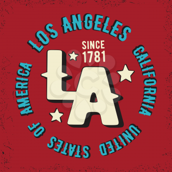 T-shirt print design. Los Angeles vintage stamp. Printing and badge, applique, label for t-shirts, jeans, casual wear. Vector illustration.