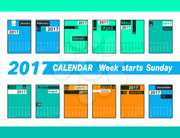 Calendar 2017 template. Simple geometric design. Week starts Sunday. Vector illustration.
