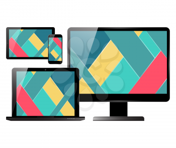 Computer monitor, smartphone, laptop and tablet pc set. Electronic devices with material design screens. Vector illustration.