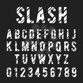 Alphabet font template. Letters and numbers slashed design. Vector illustration.