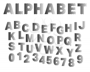 Typographic broken alphabet font template. Set of letters and numbers. Vector illustration.