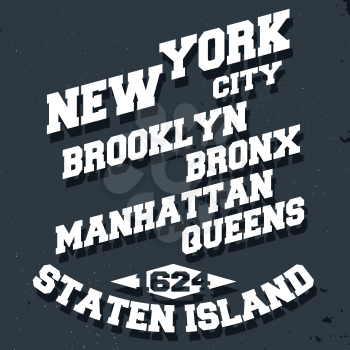 T-shirt print design. New York City vintage stamp, poster. Printing and badge, applique, label for t-shirts, jeans, casual wear. Vector illustration.