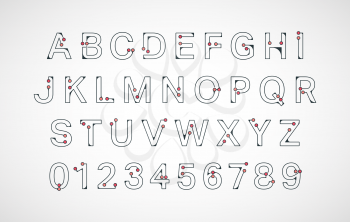 Alphabet font template. Connection colored dots design. Letters and numbers. Vector illustration.