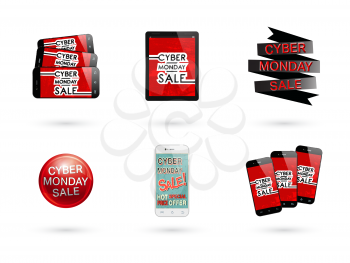 Cyber monday sale template. Various devices and objects. Vector illustration.