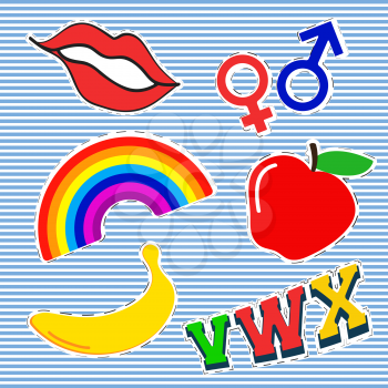 T-shirt print design. Patch fashion, vintage stamp. Printing and badge applique label t-shirts, jeans, casual wear. Red lips rainbow apple banana and gender symbol. Vector illustration.