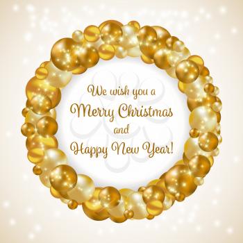Gold Christmas wreath. We wish you a Merry Christmas and Happy New Year. Design for cover, greeting card, brochure or flyer. Vector illustration