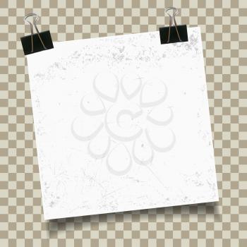 Vintage paper with binder clip on checkered background. Vector illustration.