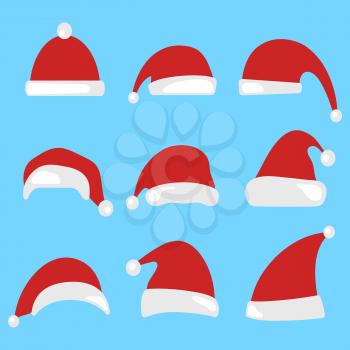 Set of Santa Claus hat isolated on blue background. Happy New Year and Merry Christmas decoration element. Vector illustration.