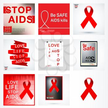 World AIDS Day. Red ribbons. HIV - STI. Set of Acquired Immune Deficiency Syndrome poster, badge, logo, icon. Vector illustration.