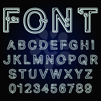 Alphabet font template. Decorative letters and numbers connection dots design. Vector illustration.