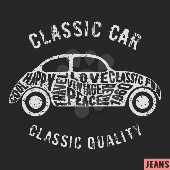 T-shirt print design. Classic car vintage stamp. Printing and badge applique label t-shirts, jeans, casual wear. Vector illustration.