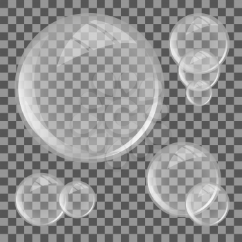 Glass lens on transparent background. Sphere with glares. Vector illustration.