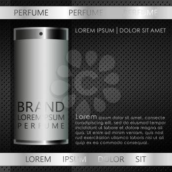 Perfume bottle on modern black background. Beautiful essentials designed for cover, magazine, promotion, web page, website, presentation or poster. Vector illustration.