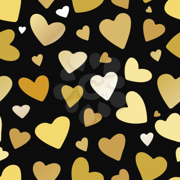 Gold hearts seamless pattern on black background. Design for greeting card, Valentines day brochure or flyer . Vector illustration.