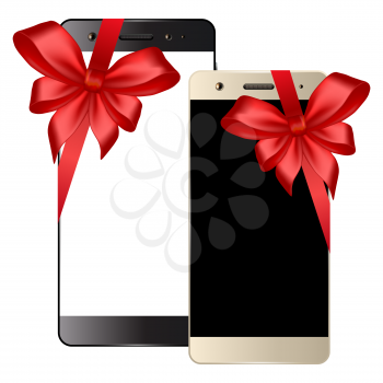 Black and white smartphone. Smartphones with bow isolated on white background. Mobile phone template. Cell phone gift. Vector illustration.