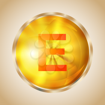 Vitamin E gold shining pill icon. Tocopherol capsule symbol. Vector illustration.