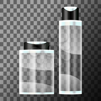 Set of cosmetic bottle on transparent background. Empty bottles for gel, lotion, cream, shampoo and conditioner. Vector illustration.