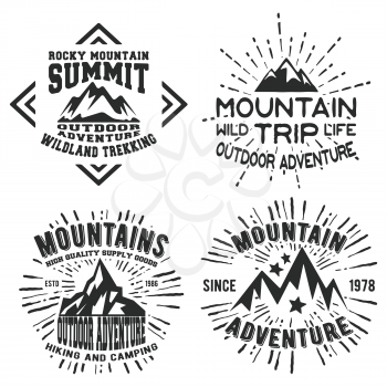 T-shirt print design. Set of mountains vintage stamp. Printing and badge applique label t-shirts, jeans, casual wear. Vector illustration.