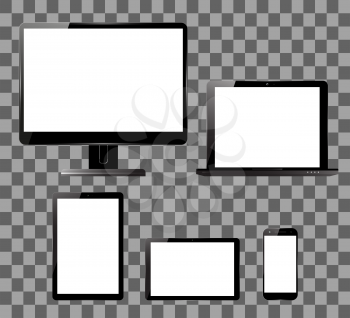 PC monitor, smartphone, laptop and computer tablet set. Electronic devices with blank screens. Vector illustration.