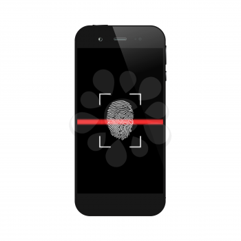 Smartphone with fingerprint scanning isolated on white background. Mobile or cell phone biometric authorization. Telephone security lock. Vector illustration.