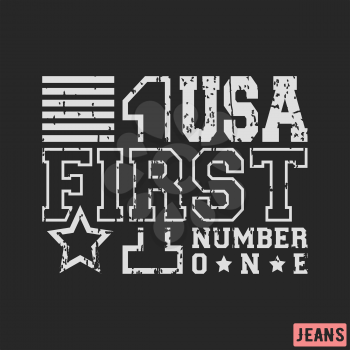 T-shirt print design. USA number 1 vintage stamp. Printing and badge, applique, label for t-shirts, jeans, casual wear. Vector illustration.