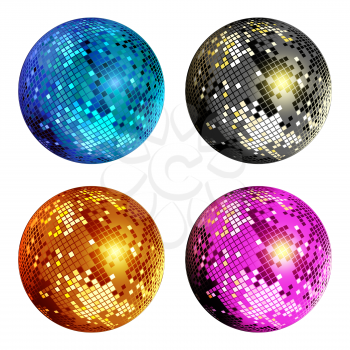 Set of colored disco ball isolated on white background. Colorful disco mirror ball isolated. Design element for party flyer, poster or brochures. Vector illustration.