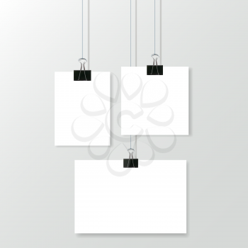 Set of paper poster template. Blank white page hanging on binder clip. Empty sheet mockup design. Vector illustration.