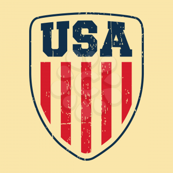 T-shirt print design. USA shield vintage stamp. Printing and badge applique label t-shirts, jeans, casual wear. Vector illustration.