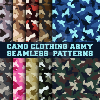 10 camouflage clothing army seamless patterns. Set of military camo various color combination. Vector illustration.